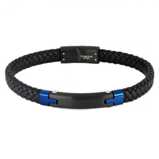 Men's stainless steel black leather bracelet with a black plate and blue details