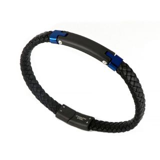 Men's stainless steel black leather bracelet with a black plate and blue details - 