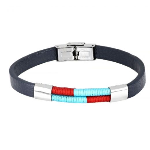 Men's stainless steel blue leather bracelet with light blue and red cords