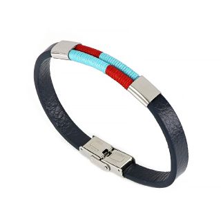 Men's stainless steel blue leather bracelet with light blue and red cords - 