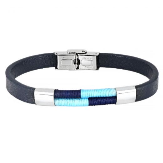 Men's stainless steel blue leather bracelet with light blue and blue cords