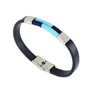 Men's stainless steel blue leather bracelet with light blue and blue cords - 