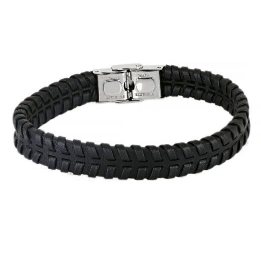 Men's stainless steel black leather bracelet with embossed wheel tire design