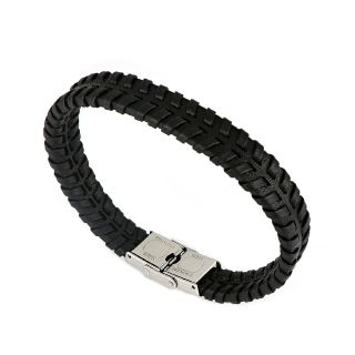 Men's stainless steel black leather bracelet with embossed wheel tire design - 