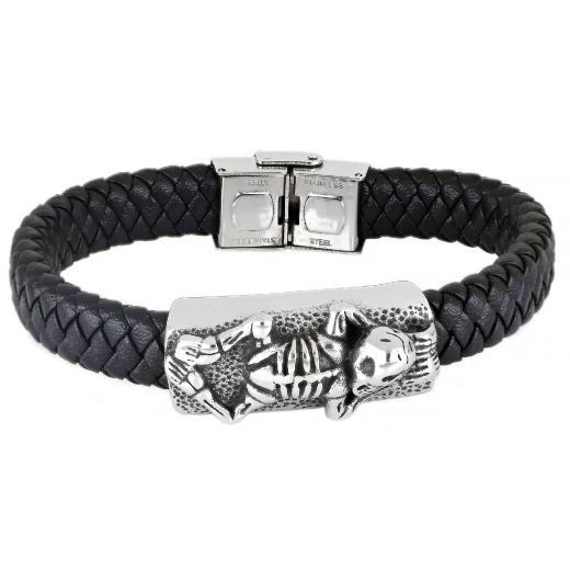 Men's stainless steel black braided leather bracelet with a skeleton