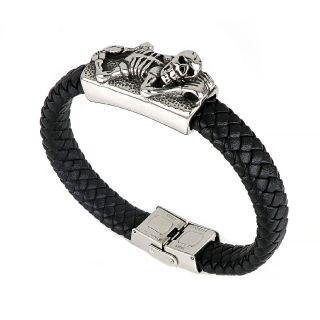 Men's stainless steel black braided leather bracelet with a skeleton - 