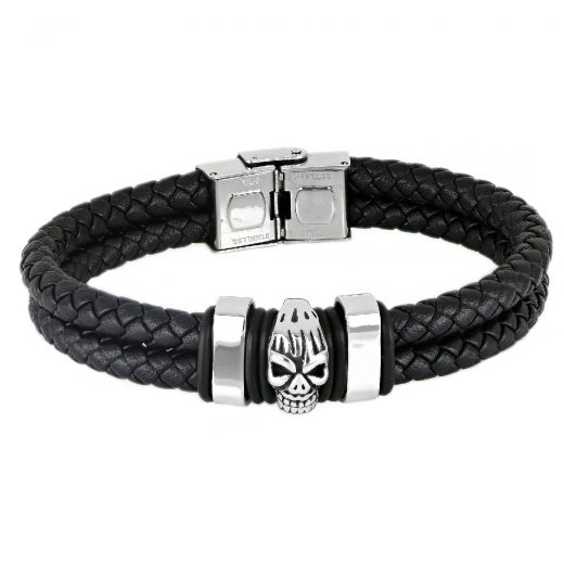 Men's stainless steel black braided leather bracelet with a skull