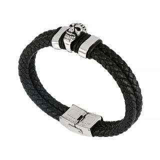 Men's stainless steel black braided leather bracelet with a skull - 