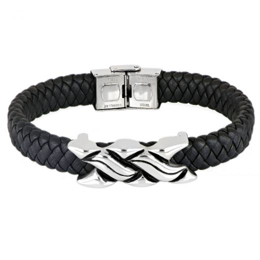 Men's stainless steel black braided leather bracelet with a wavy design on the center