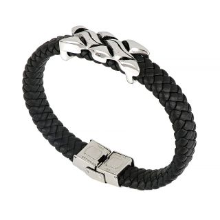 Men's stainless steel black braided leather bracelet with a wavy design on the center - 