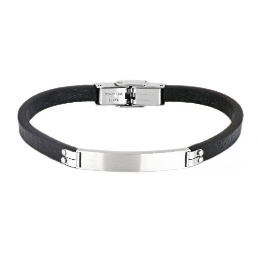 Men's stainless steel black leather bracelet with a metallic plate