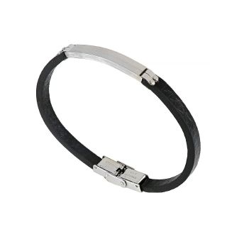 Men's stainless steel black leather bracelet with a metallic plate - 