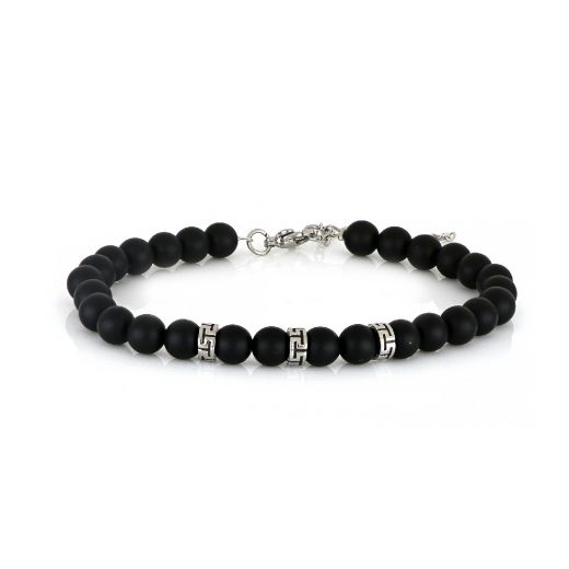 Bracelet made of semi precious stones black onyx and three stainless steel meanders