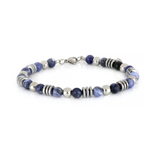 Bracelet made of semi precious stones with sodalite, hematite and stainless steel balls