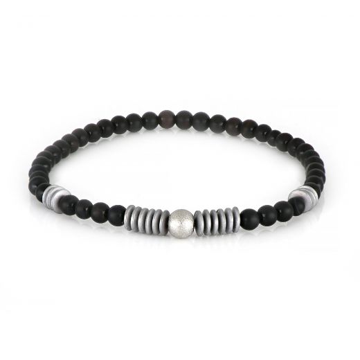 Bracelet made of semi precious stones with black onyx, grey hematite and a stainless steel ball