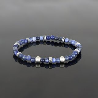 Bracelet made of semi precious stones with sodalite, grey hematite, balls and a stainless steel meander - 