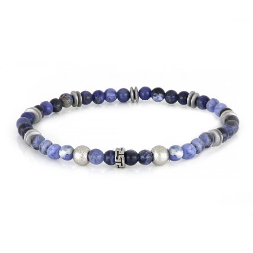 Bracelet made of semi precious stones with sodalite, grey hematite, balls and a stainless steel meander