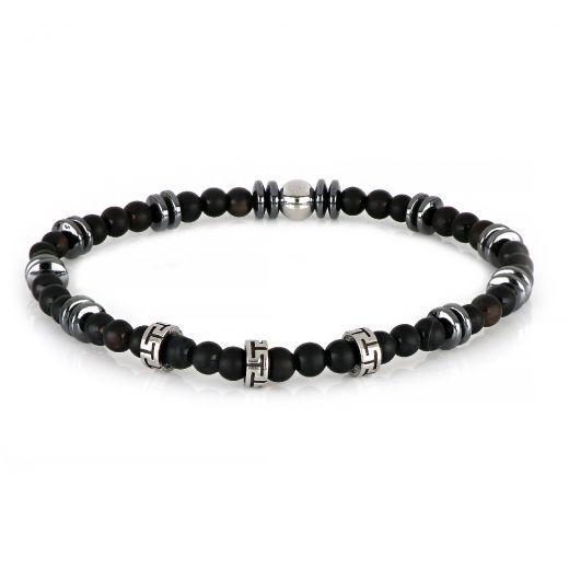 Bracelet made of semi precious stones with black onyx, hematite and three stainless steel greek meanders