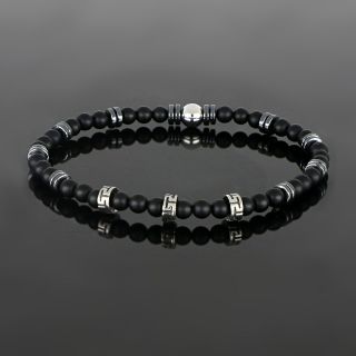Bracelet made of semi precious stones with black onyx, hematite and three stainless steel greek meanders - 