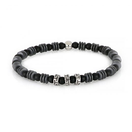 Bracelet made of semi precious stones with black onyx, grey hematite and three stainless steel greek meanders