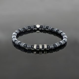 Bracelet made of semi precious stones with black onyx, grey hematite and three stainless steel greek meanders - 