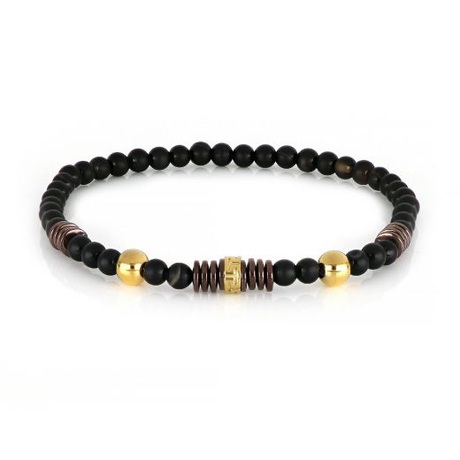 Bracelet made of semi precious stones with black onyx, brown hematite, gold plated stainless steel balls and meander