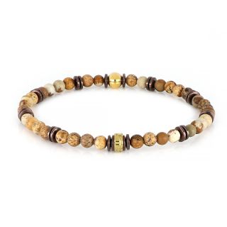 Men's Bracelet Brown Jasper, Brown Hematite and Gold Plated Steel meander