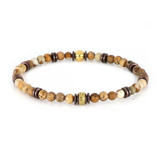 Bracelet made of semi precious stones with brown jasper, brown hematite and gold plated stainless steel meander