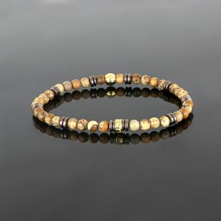 Bracelet made of semi precious stones with brown jasper, brown hematite and gold plated stainless steel meander - 