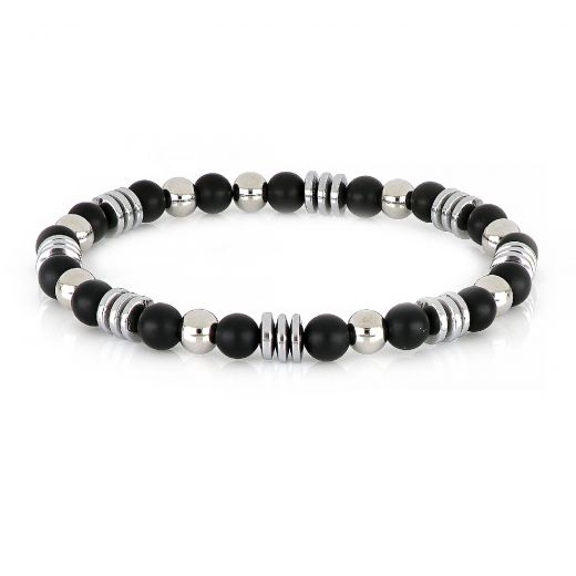 Bracelet made of semi precious stones with black onyx, silver colored hematite and stainless steel balls