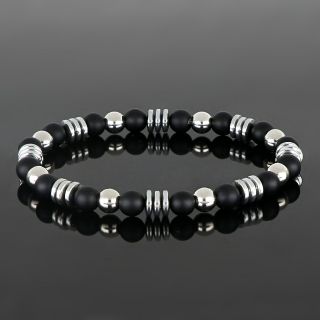 Bracelet made of semi precious stones with black onyx, silver colored hematite and stainless steel balls - 