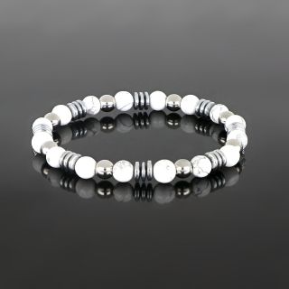 Bracelet made of semi precious stones with white chaolite, silver-colored hematite and stainless steel balls - 