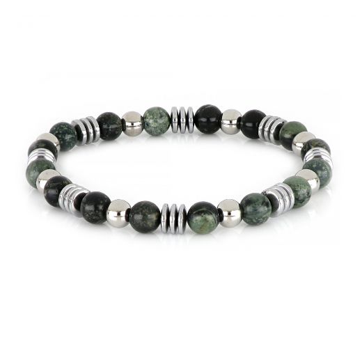 Bracelet made of semi precious stones with green agate, silver-colored hematite and stainless steel balls