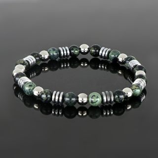 Bracelet made of semi precious stones with green agate, silver-colored hematite and stainless steel balls - 