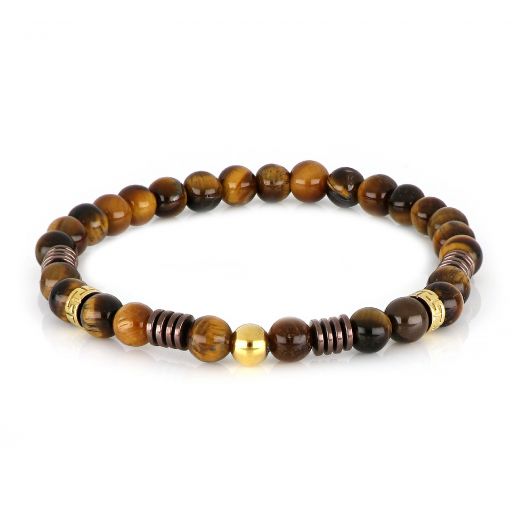 Bracelet made of semi precious stones with tiger eye, brown hematite and two gold plated stainless steel meanders