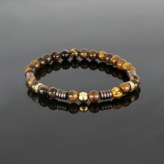 Bracelet made of semi precious stones with tiger eye, brown hematite and two gold plated stainless steel meanders - 