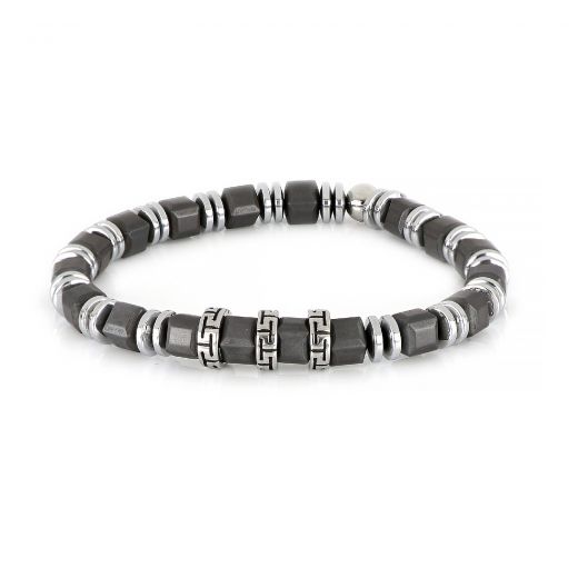 Bracelet made of semi precious stones with grey hematite in cubes, silver-colored hematite and three stainless steel meanders