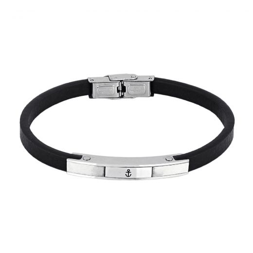 Men's leather bracelet black with steel clasp and engraved anchor
