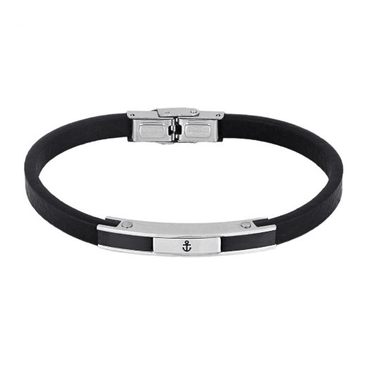Men's leather bracelet black with steel clasp and engraved anchor