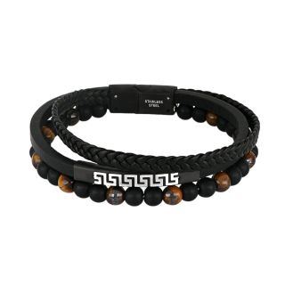 Men's black leather bracelet with semi precious stones, meander and steel clasp.