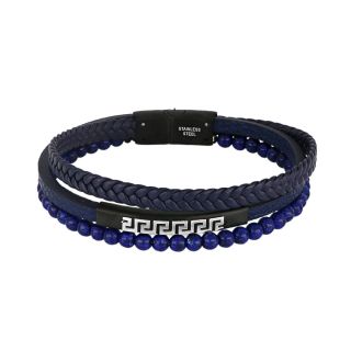 Men's leather bracelet blue with semi precious stones, meander and steel clasp.