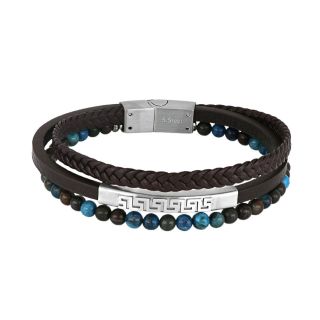Men's brown leather bracelet with semi-precious stones, meander and steel clasp.