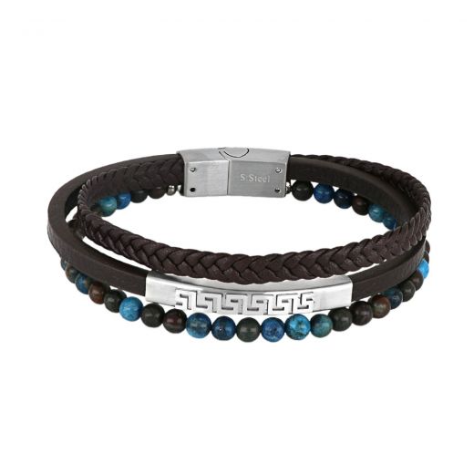 Men's brown leather bracelet with semi-precious stones, meander and steel clasp.