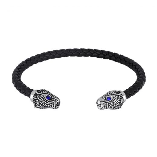 Black leather open bracelet with stainless steel snake