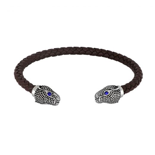 Brown leather open bracelet with stainless steel snake