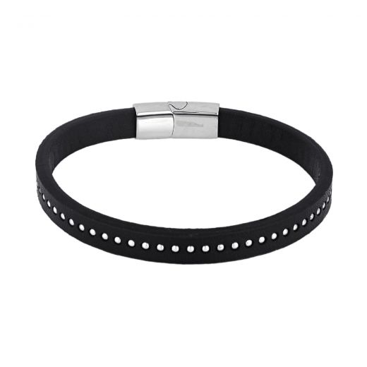 Leather bracelet black with stainless steel elements