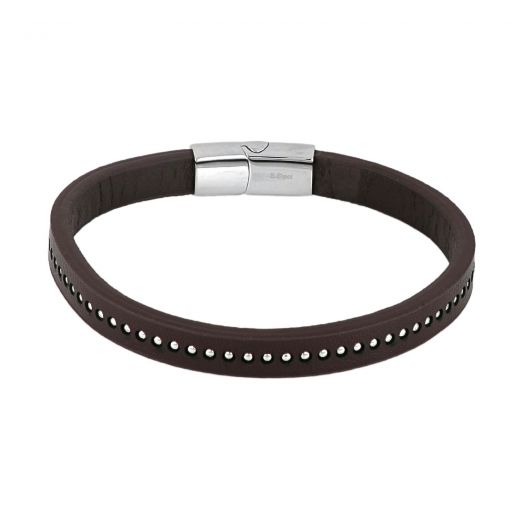 Leather bracelet brown with stainless steel elements