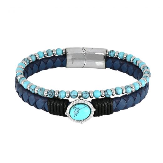 Leather double bracelet with turquoise stones and stainless steel elements