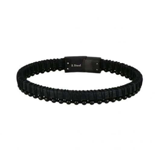 Ανδρικό βραχιόλι δερμάτινο μαύρο με ατσάλινο κούμπωμα