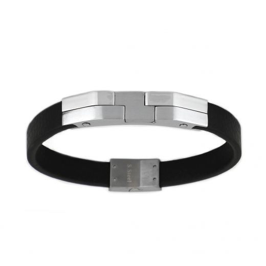 Ανδρικό βραχιόλι δερμάτινο μαύρο με ατσάλινο στοιχειο